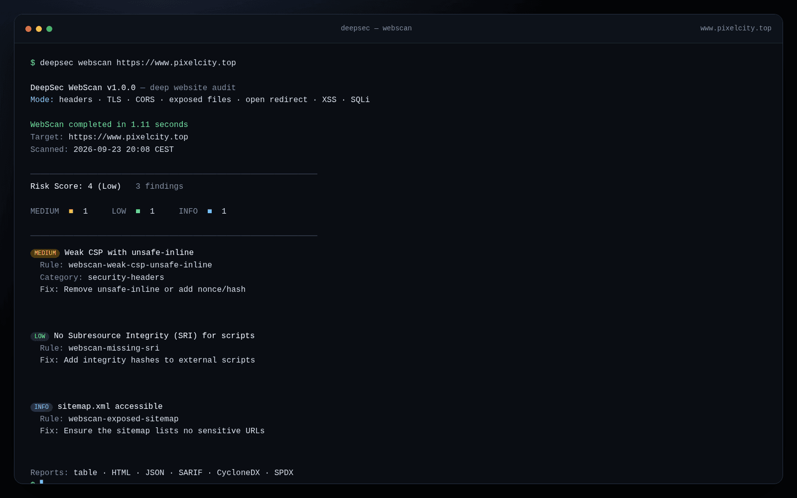 DeepSec terminal output from a real WebScan of www.pixelcity.top.